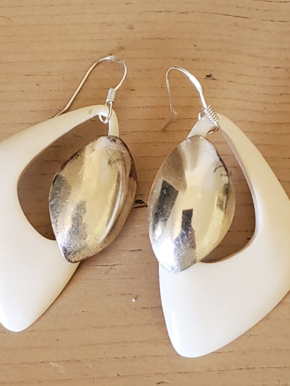 Vintage Sterling Silver Plated White Plastic Open Dangle  Modernist Earrings